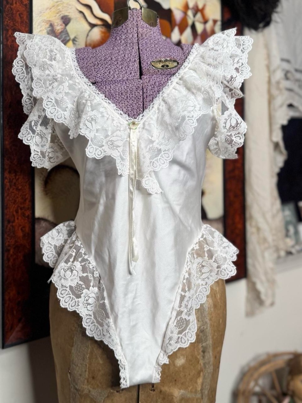 1980s or early 90s White lace high cut teddy bodysuit negligee step in romper